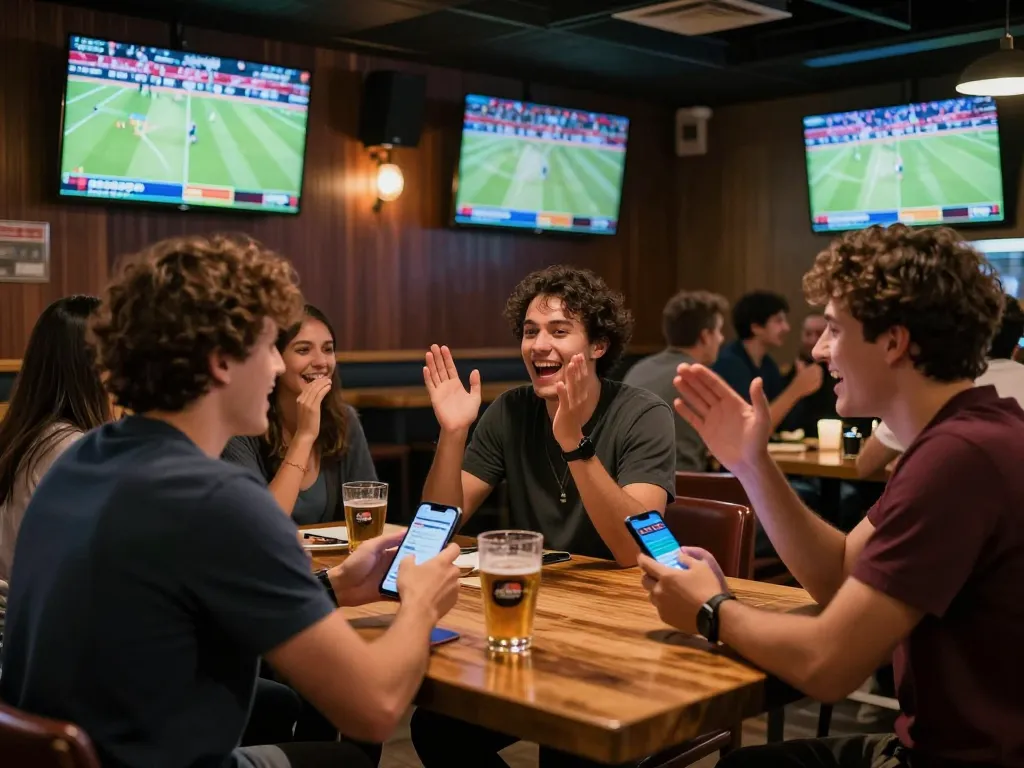 Patrons enjoying live sports betting at 388bet, mobile apps in action amidst an exciting atmosphere.