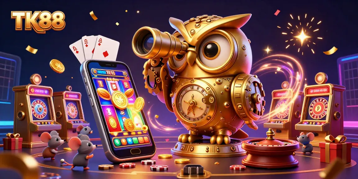 Engage with thrilling games at TK88, featuring a vibrant casino scene with golden coins and spinning slot reels.