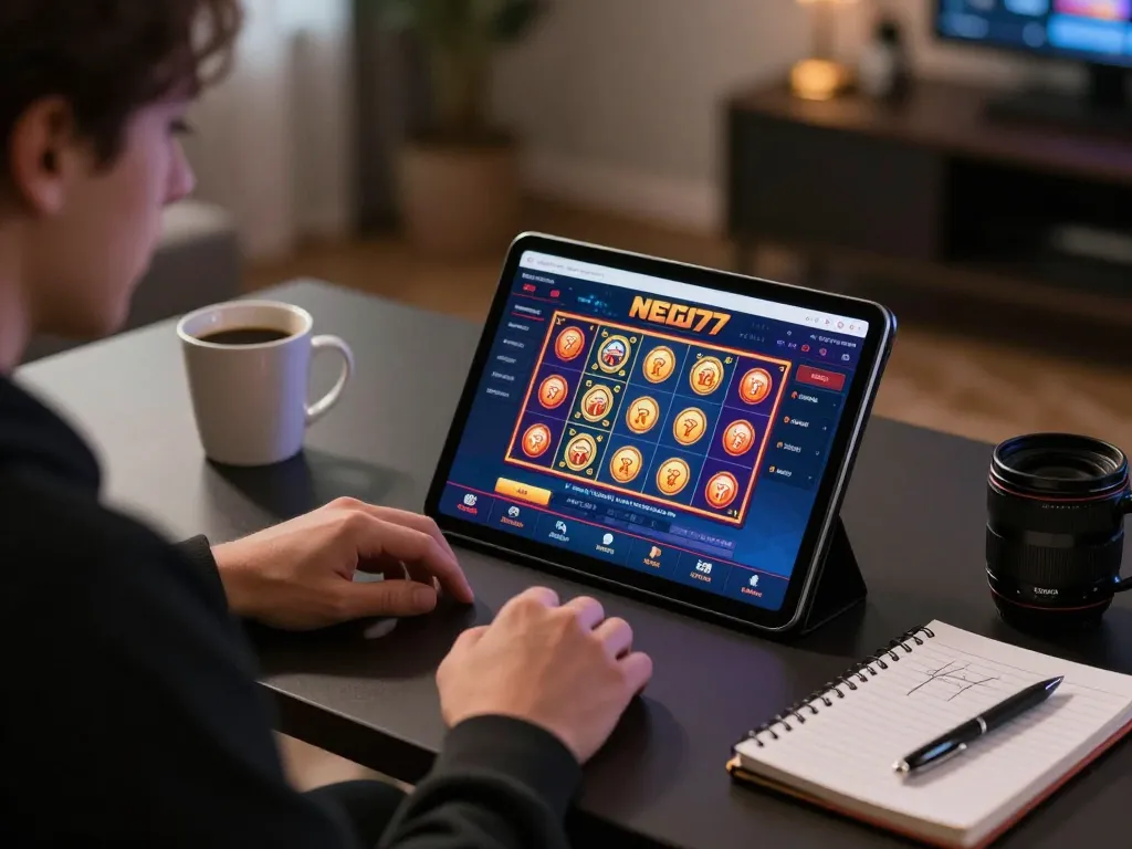 Nego77 player engaging in online slots from a cozy home setup with strategy notes.