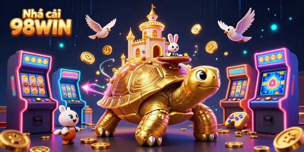 Engage with Nhà cái 98WIN in an ultra-detailed 3D gaming paradise filled with vibrant casino elements.