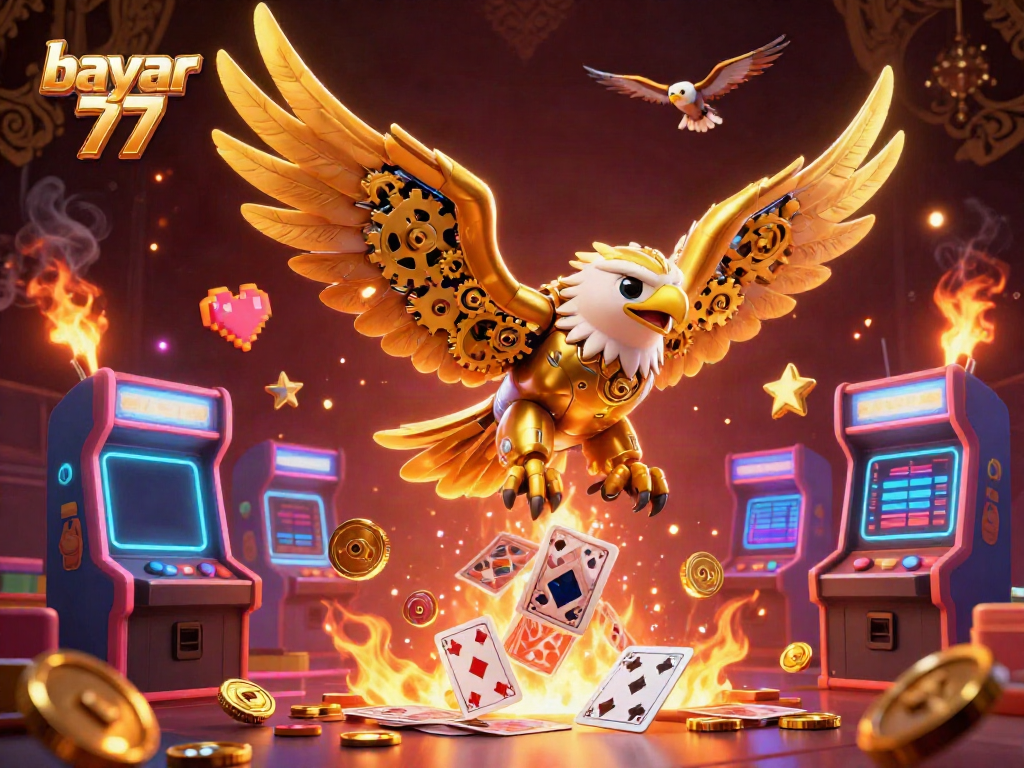 Dive into the action with bayar 77 as a golden eagle soars amid holographic cards in a lively casino scene.