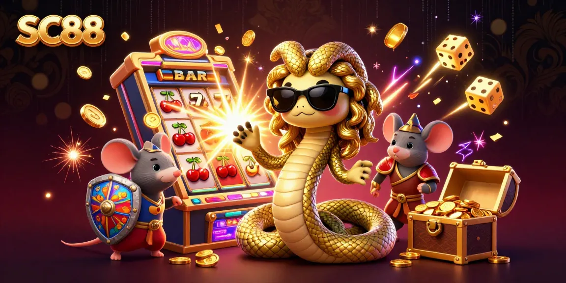 Spin the reels with SC88 in a vibrant casino scene featuring Medusa and a warrior mouse.