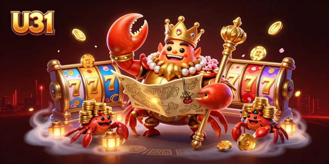 U31 introduces a dynamic scene with a golden crab emperor amidst slot reels, enhancing gaming excitement.
