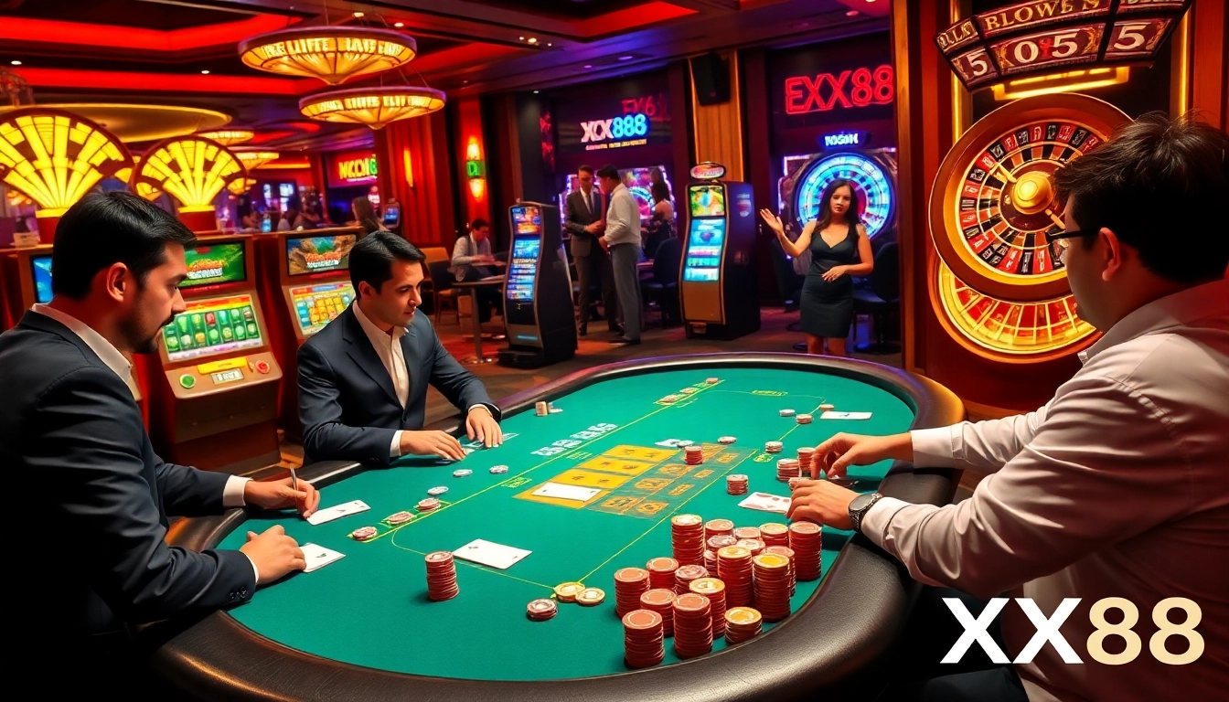 Experience the vibrant energy of XX88 with players enjoying poker at a luxurious casino table.