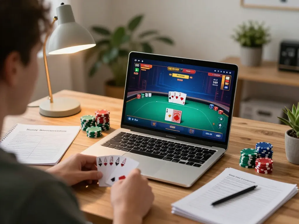 Playing poker online at home with 888VI COM on display, showcasing responsible gaming and strategy.