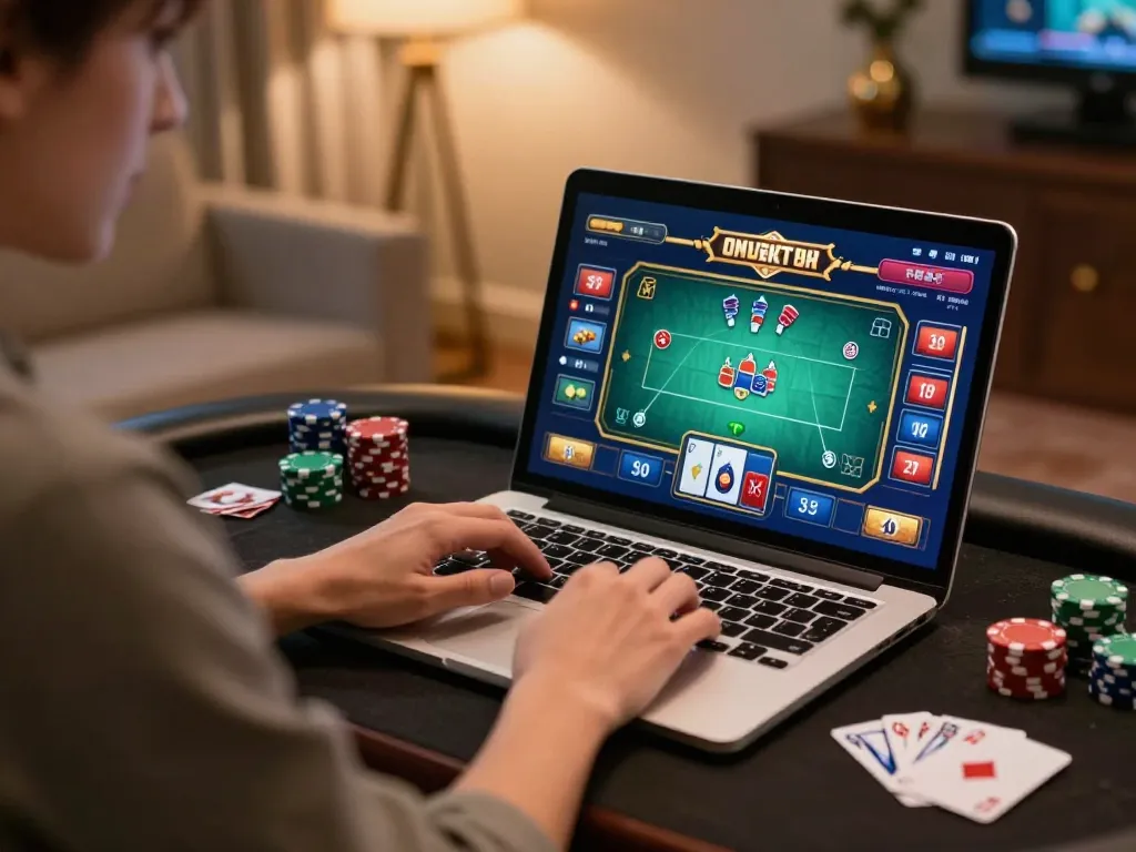 Nohu90 player engaging in strategic poker game online, focused on laptop screen.