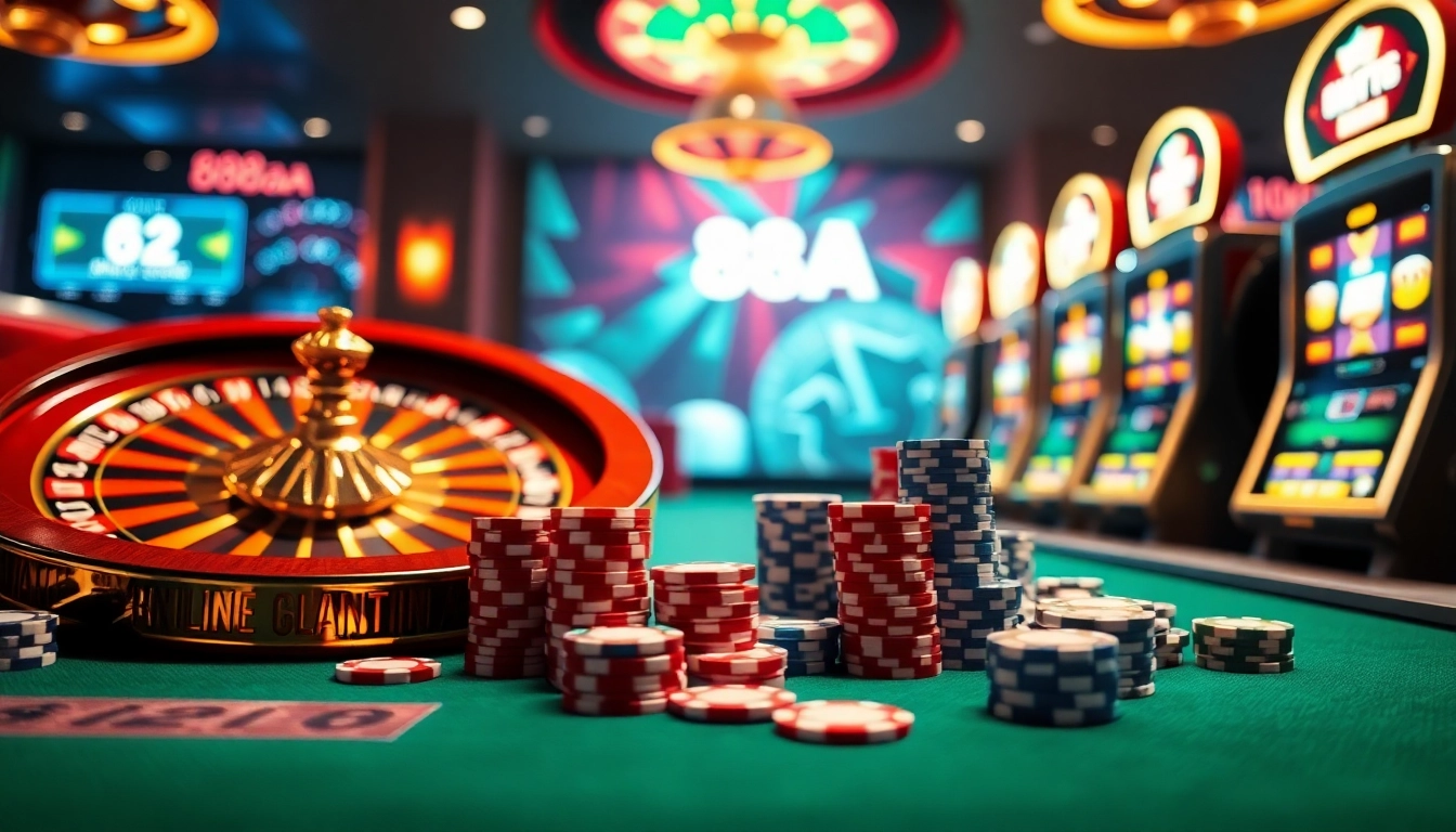 Experience the thrill of winning at 88aa’s vibrant online casino with poker chips and roulette.