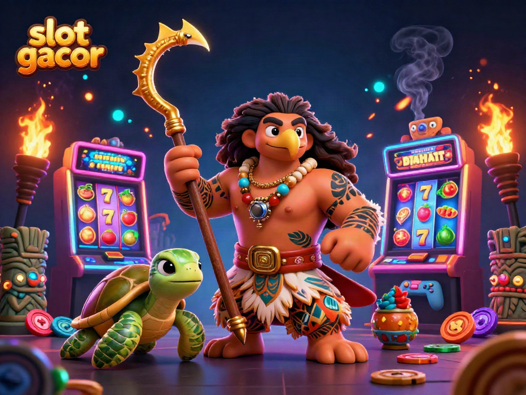 Slot gacor yang menampilkan karakter lucu dengan mesin slot dan simbol keberuntungan menyemarakkan suasana permainan.