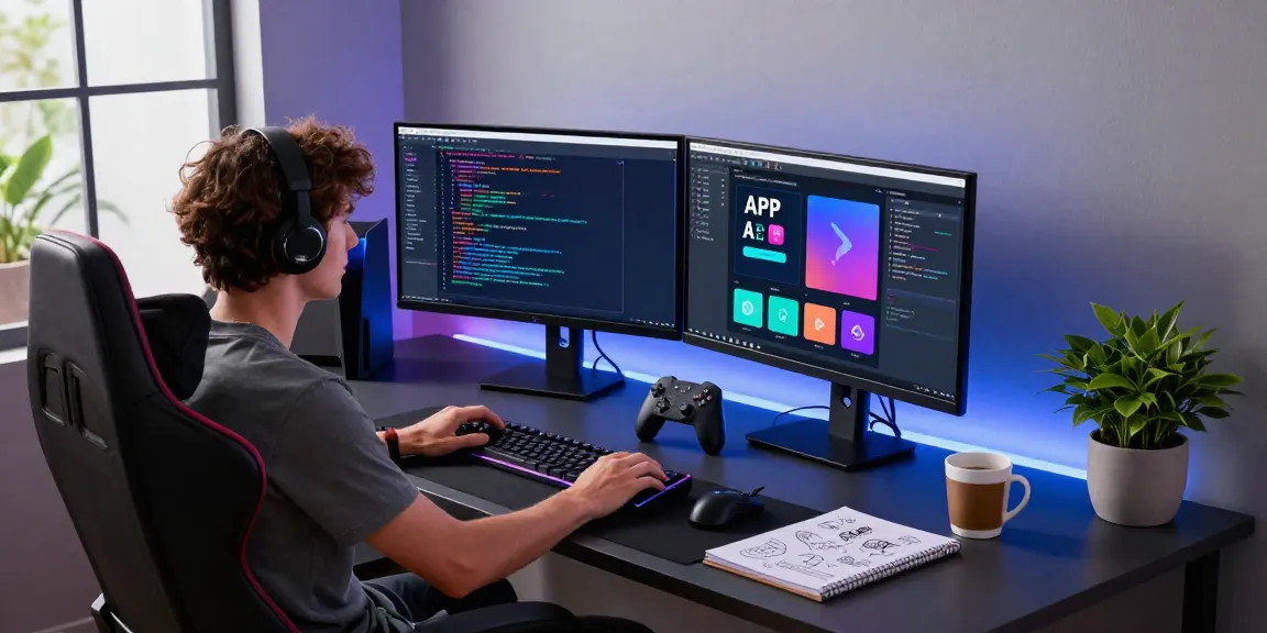 Dynamic tech workspace for slot7000 app development with vibrant coding screens and gaming equipment.