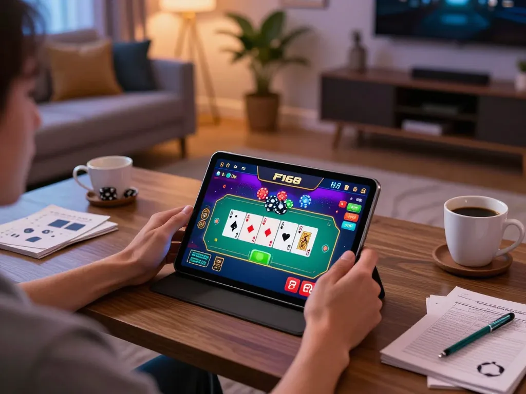 Player enjoying F168 poker game on tablet in a cozy home setup with strategic notes