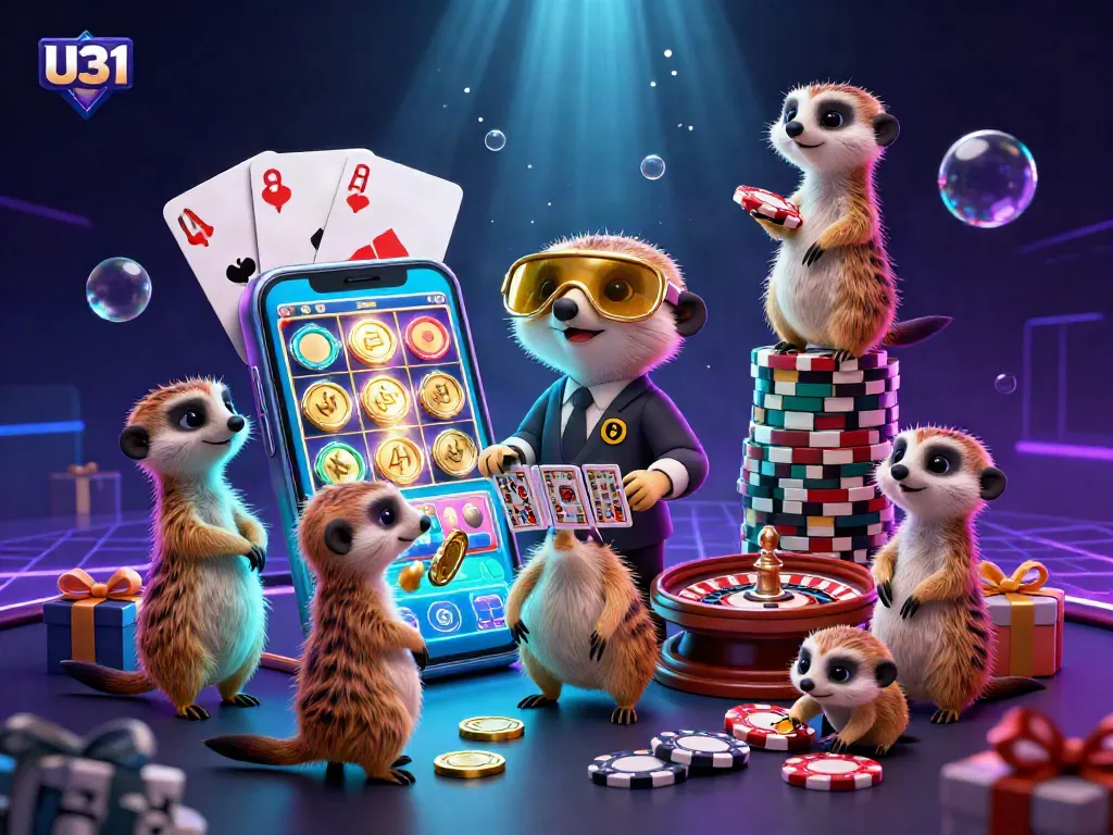 Enjoy the exciting U31 casino experience with playful meerkats handling vibrant games and chips.