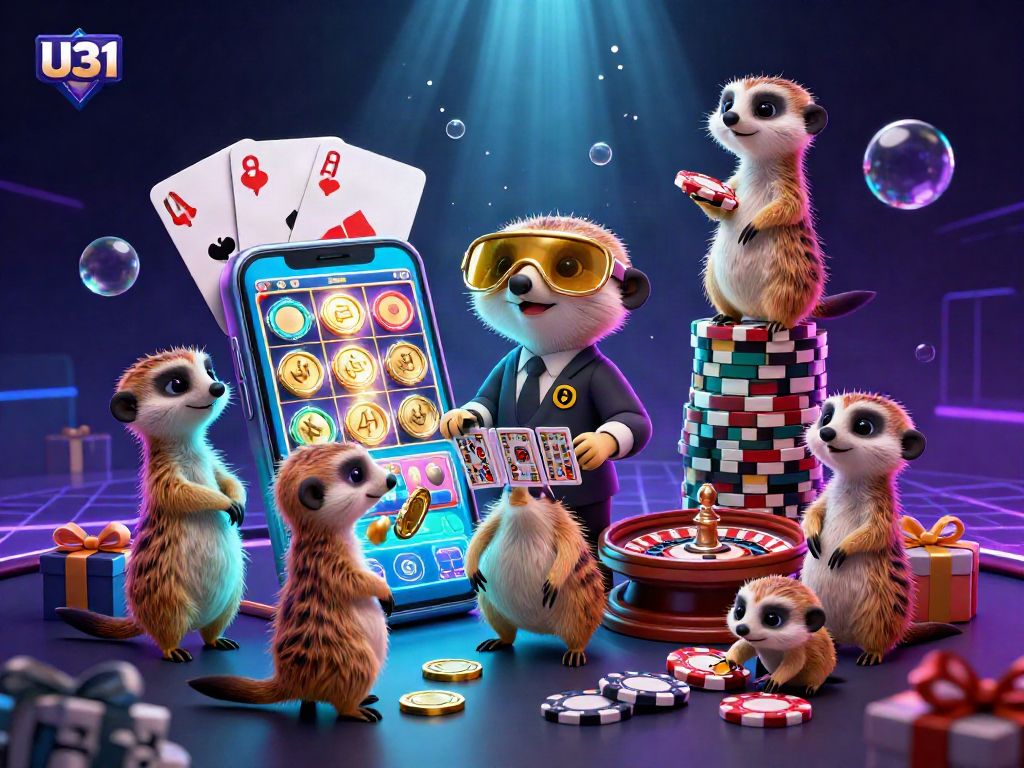 Enjoy the exciting U31 casino experience with playful meerkats handling vibrant games and chips.