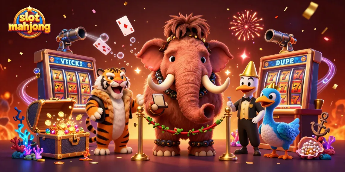 Win big with slot mahjong as vibrant casino characters celebrate amidst gems and gold.