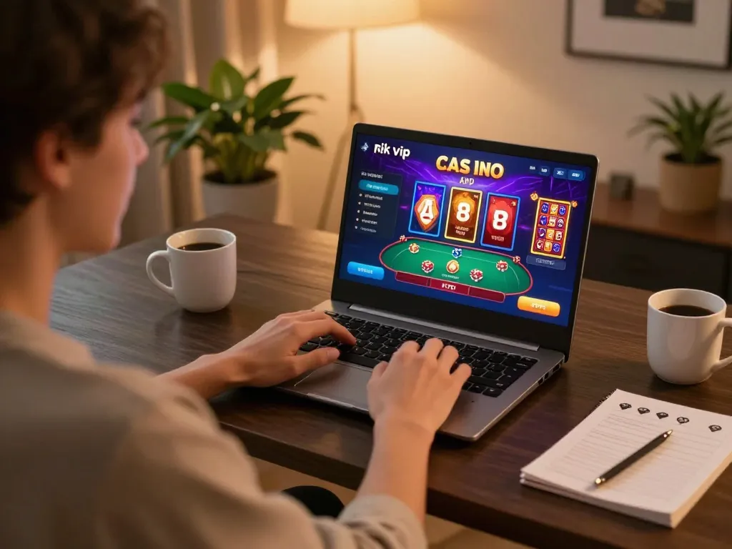 Engaged player exploring rik vip online casino game on a laptop, cozy gaming setup with warm décor.