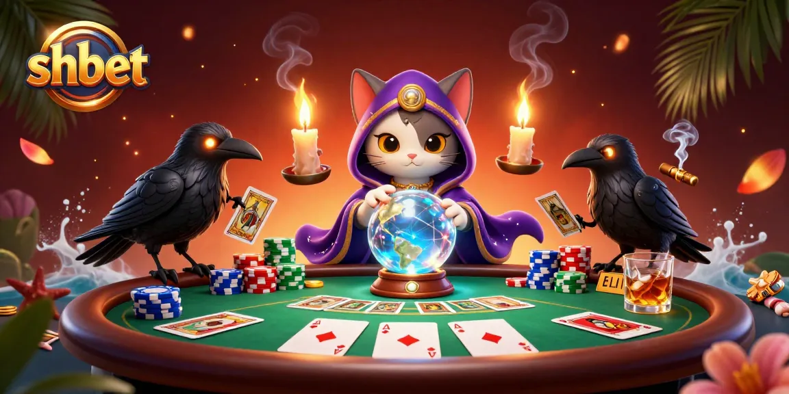 Experience the excitement of shbet with a vibrant 3D illustration featuring fortune teller cat and poker action.