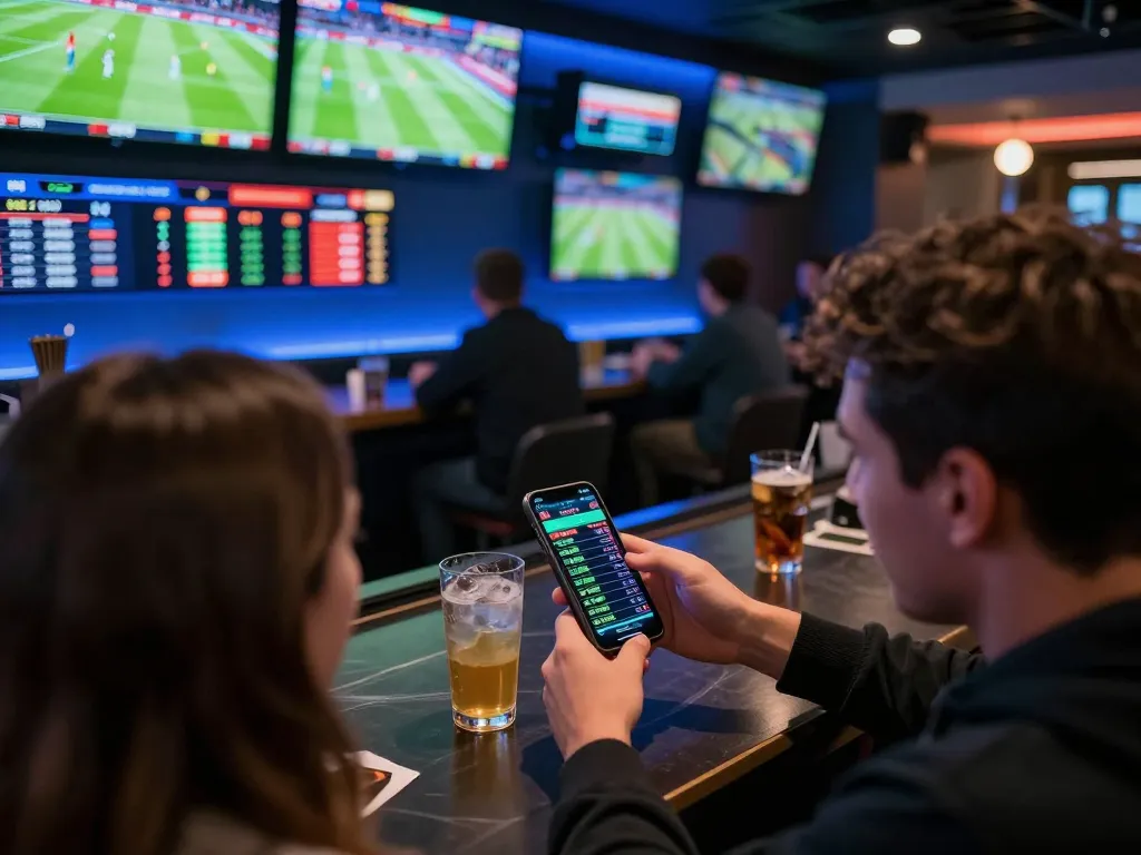 Engage in 7m sports betting with live matches and smartphone odds displayed.