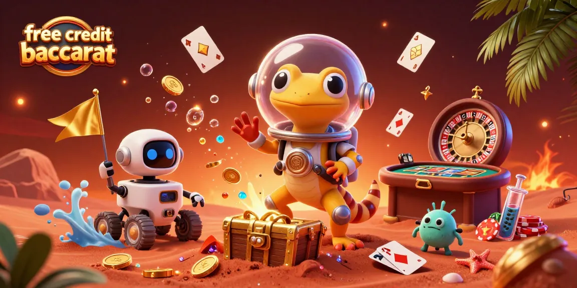 A 3D cartoon gecko experiences the thrill of free credit baccarat with golden casino elements and vibrant visual details.