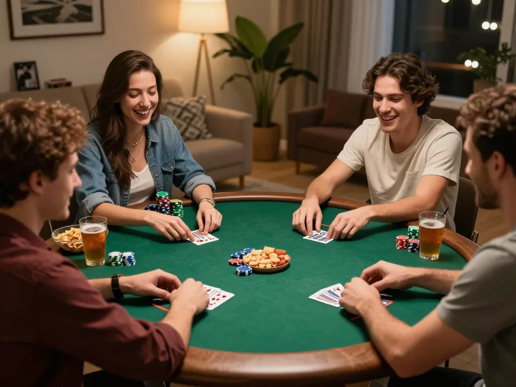 Friends enjoying a poker game at home while đăng ký their strategy with snacks and drinks around