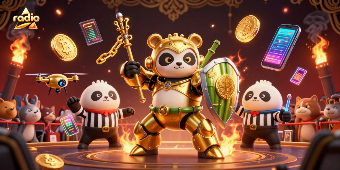 Experience radiating excitement with a dynamic casino scene featuring golden panda robot battles while cryptocurrencies thrive
