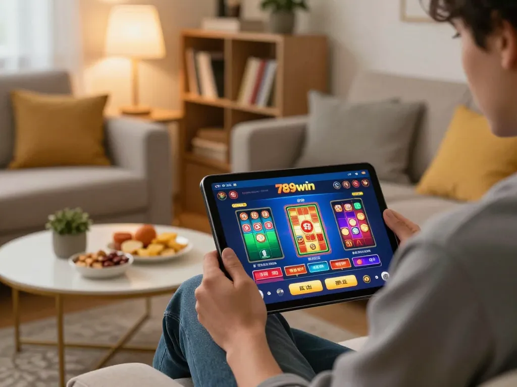 Playing a thrilling game on the 789win app at home, showcasing comfort and strategy.