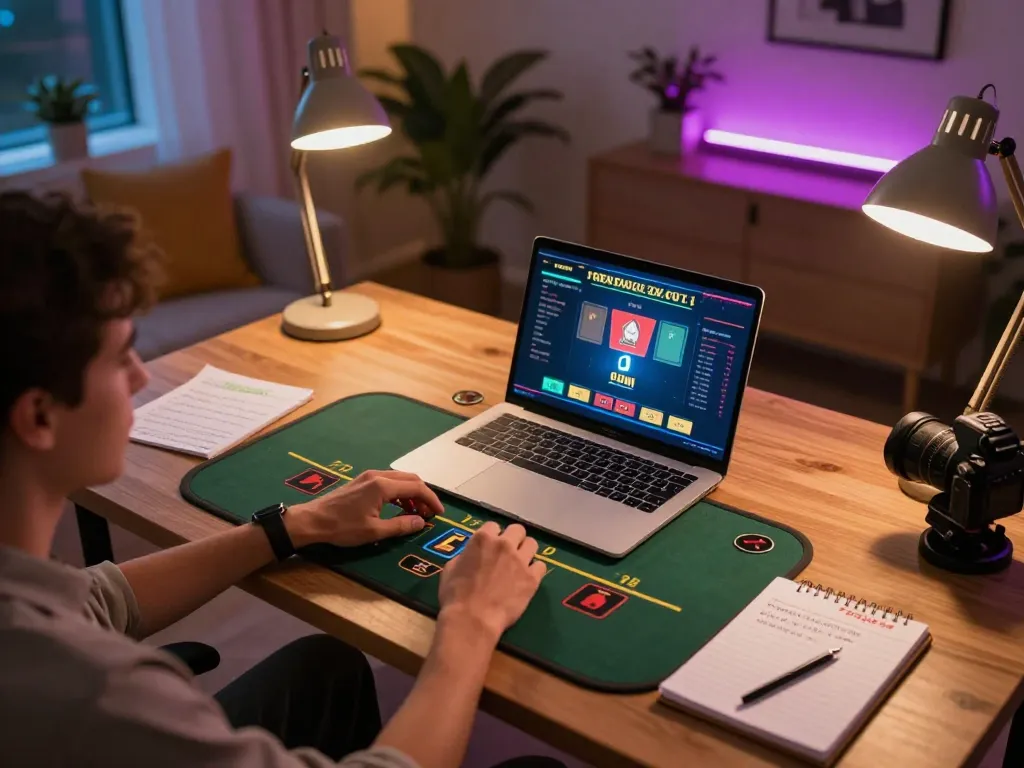 Player enjoying SC 88 online blackjack game on laptop, with notes nearby and cozy atmosphere.