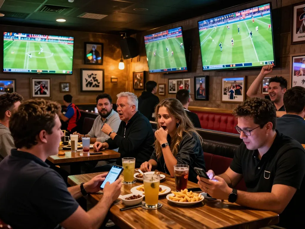 Soi Kèo audience enjoying live football matches at sports bar with screens.