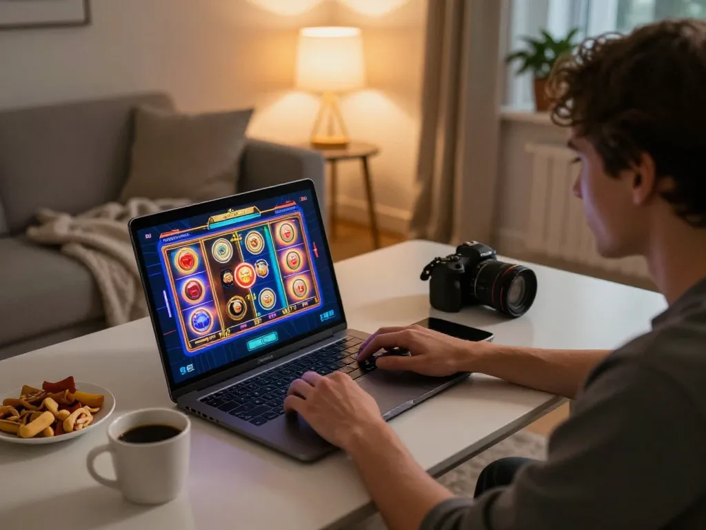 Player enjoys online slots on 78win platform in a cozy home setting with snacks and drinks