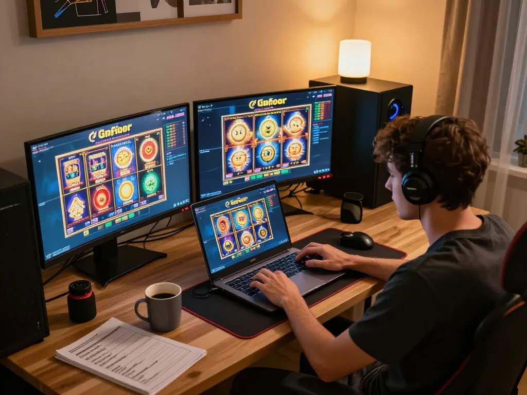 Engaging in online gaming with slot gacor on a laptop at home, focused gameplay.