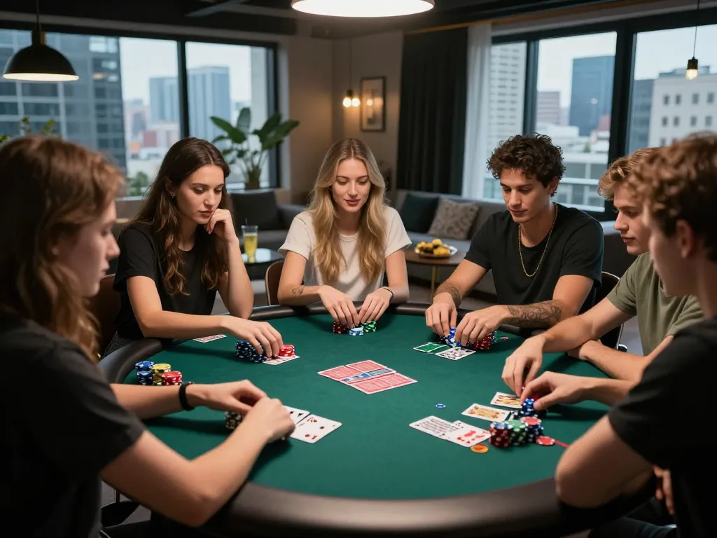 SBOBET88 gaming scene with friends enjoying poker night in stylish urban loft.