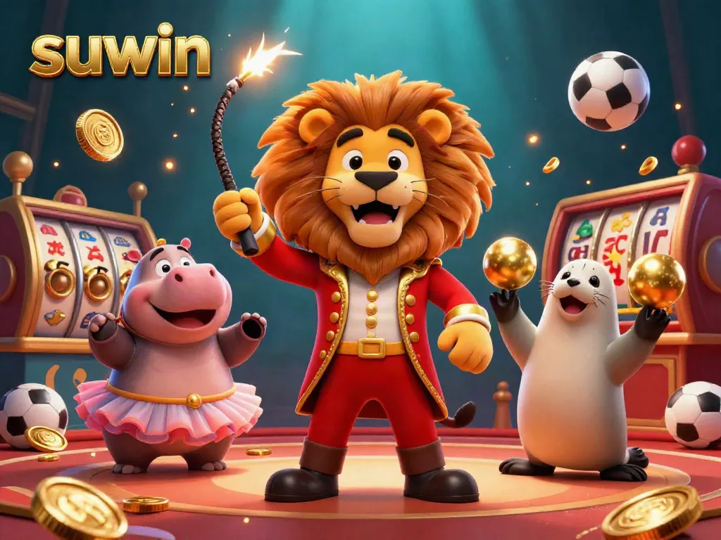 Suwin-themed vibrant casino illustration featuring a lion ringmaster, hippo, and seal in an engaging setting.