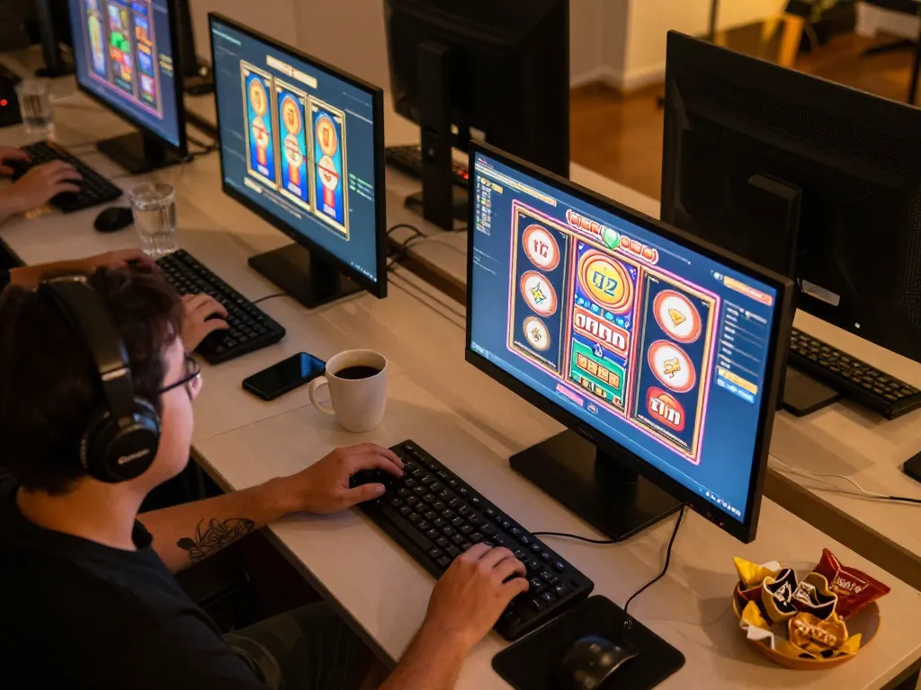 Engaged player exploring situs slot gacor on multiple screens, showcasing exciting slot game graphics