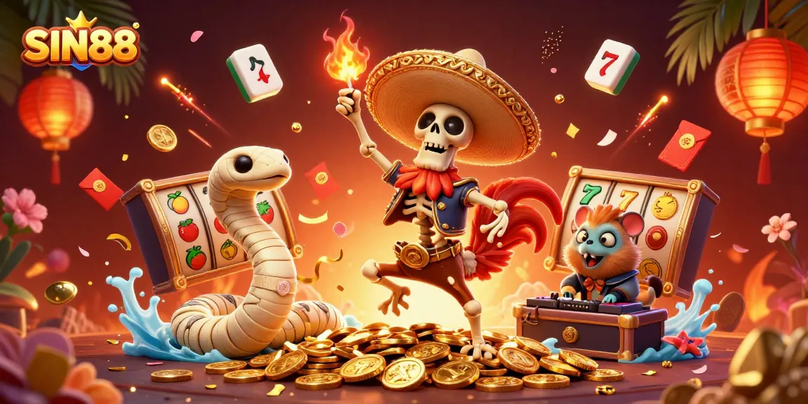 SIN88 celebrates with a mariachi rooster and friends amidst vibrant slot game elements.