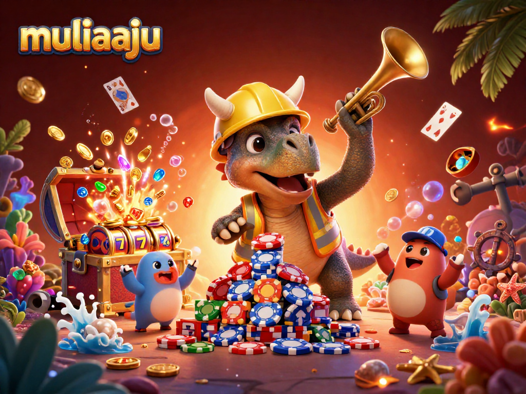 Join muliaaju for thrilling online slots action with a joyful triceratops building poker chip pyramids.