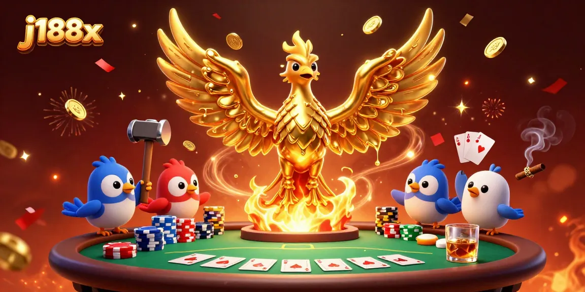 Experience the thrill of gaming at j188x with molten gold phoenix soaring over poker excitement.