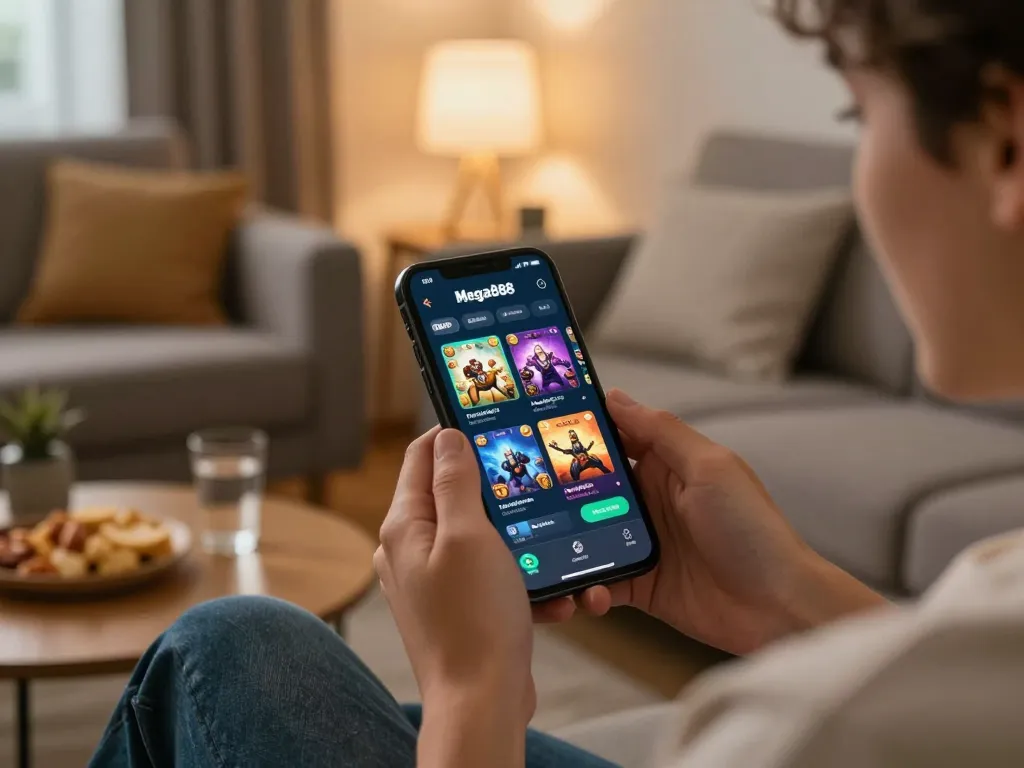 Engaging gameplay with the Mega888 App Store shown on a smartphone in a cozy living room.