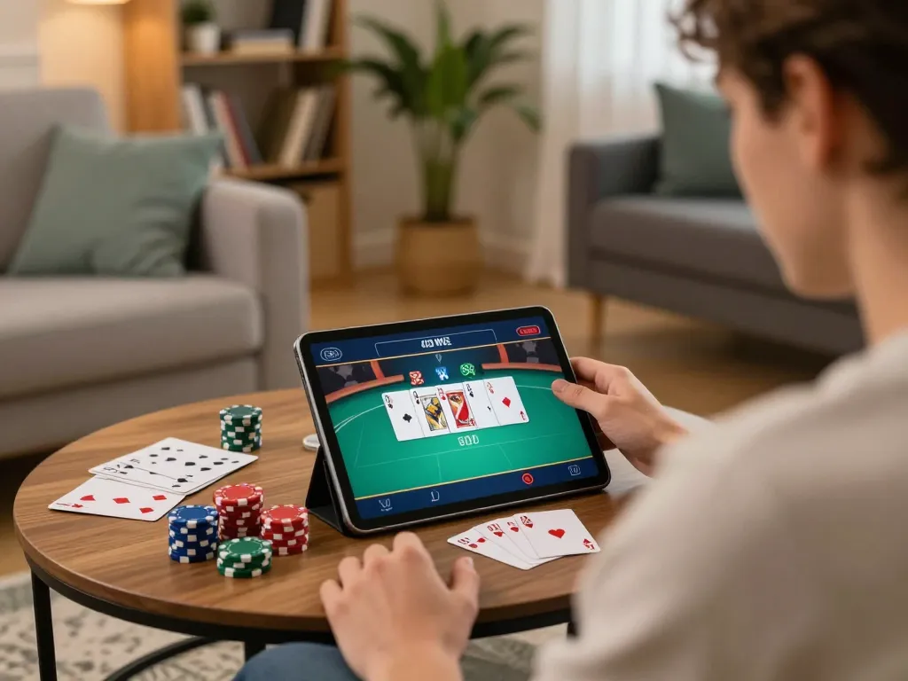 Engaging online poker session on BK8 platform from a cozy home setup, showcasing strategic gameplay.