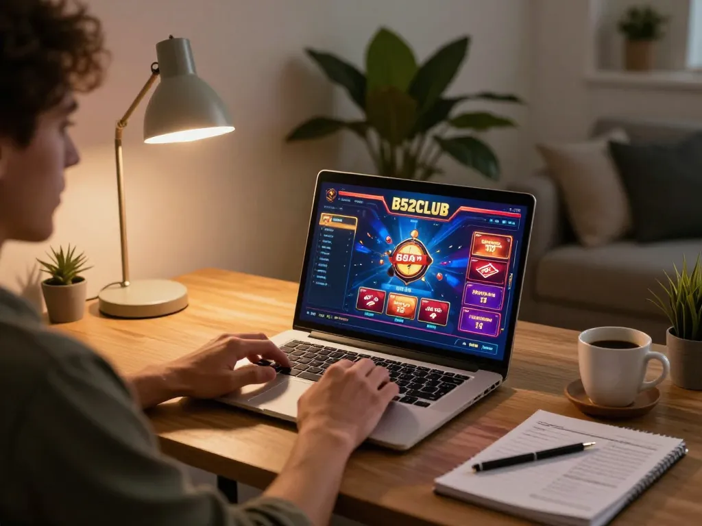 Player enjoying thrilling B52club online gaming experience in a stylish home office setup