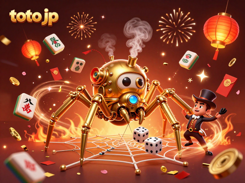 Experience the thrill of toto jp with this vibrant 3D illustration of a steampunk spider and playful dice.