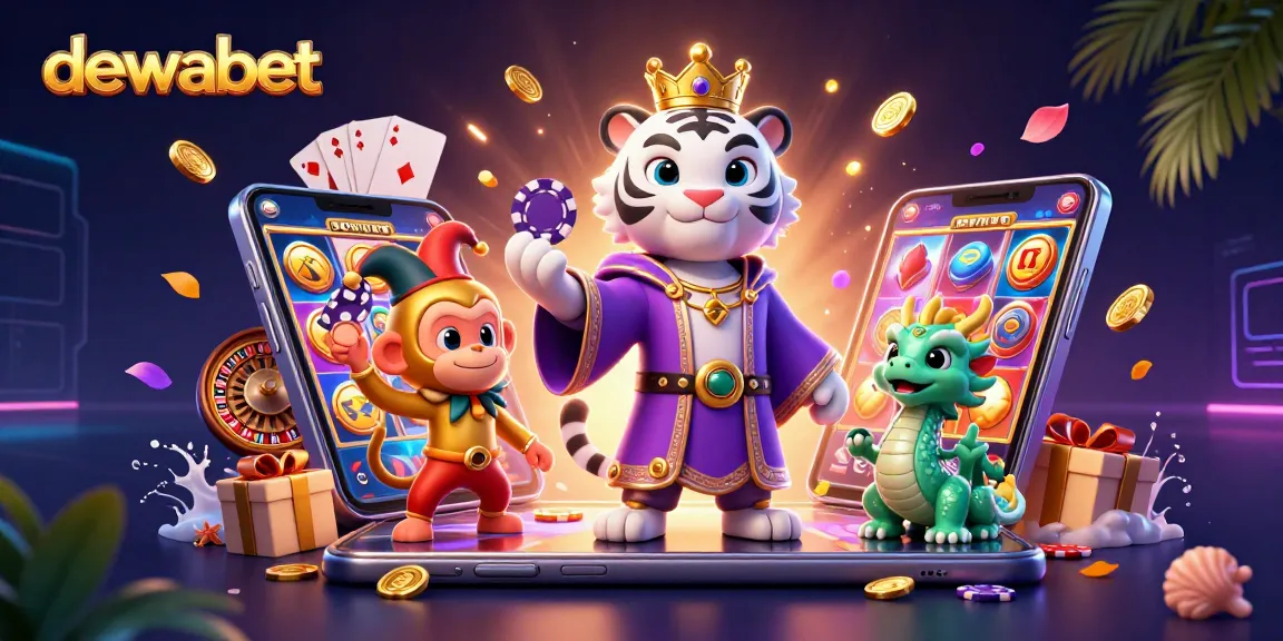 Dewabet menampilkan slot online dengan vending mesin modern dan karakter unik dalam permainan kasino.