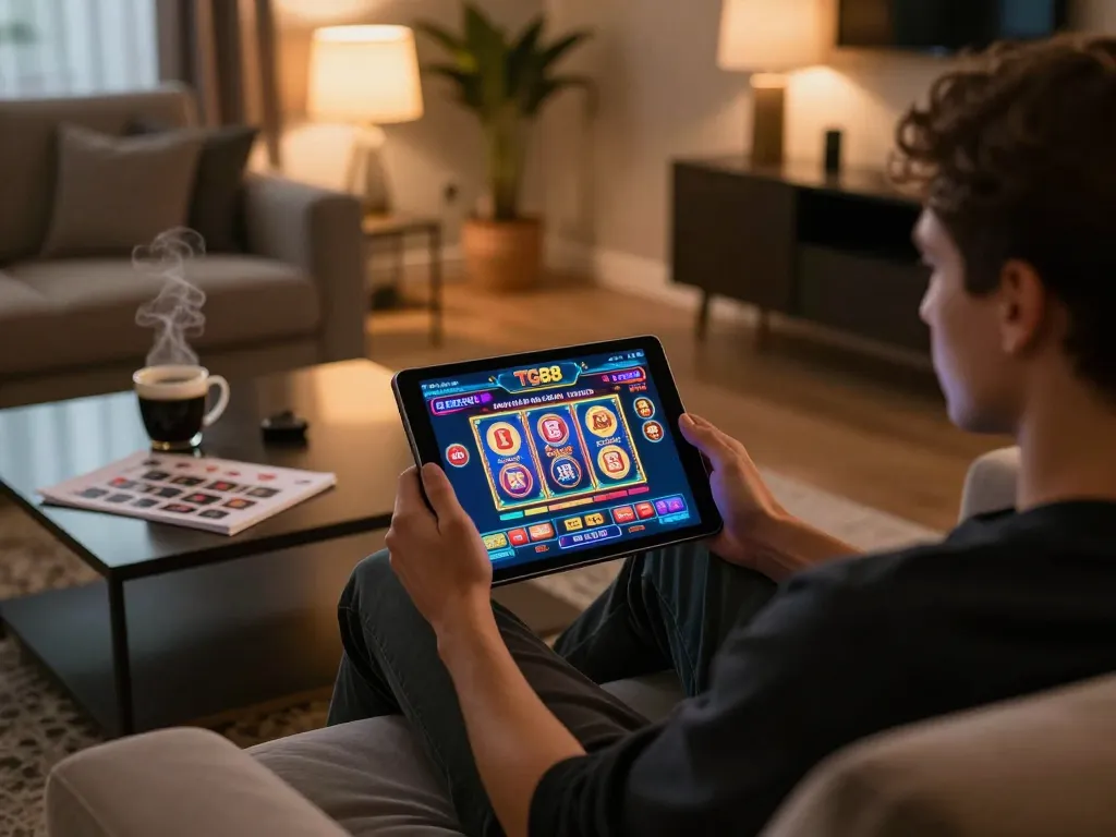 Engaged player enjoying TG88 online casino on a tablet in a cozy living room.