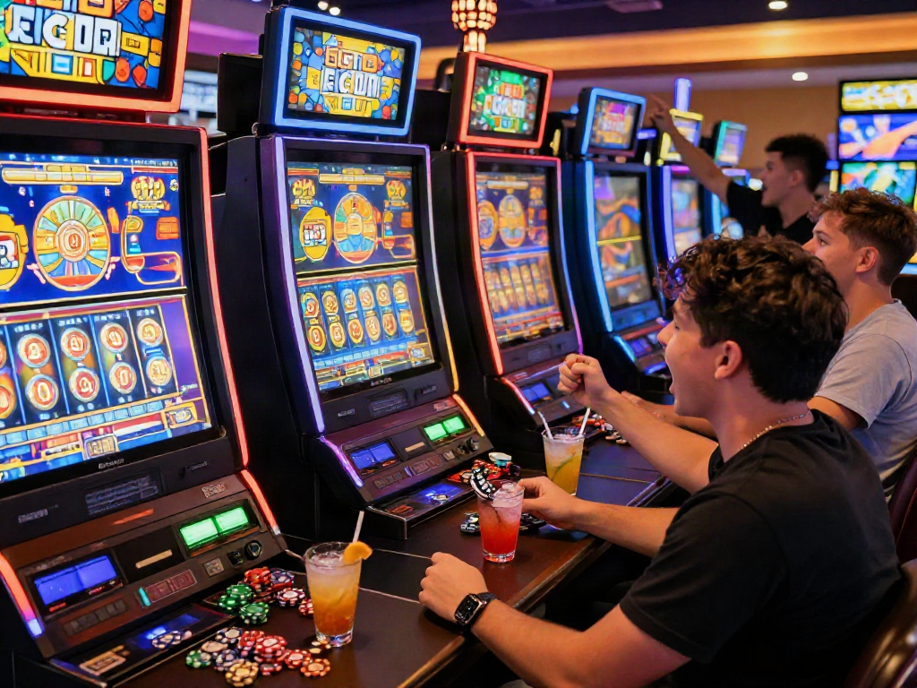 Excited players enjoying SLOT GACOR at modern online casino terminals with vibrant graphics.