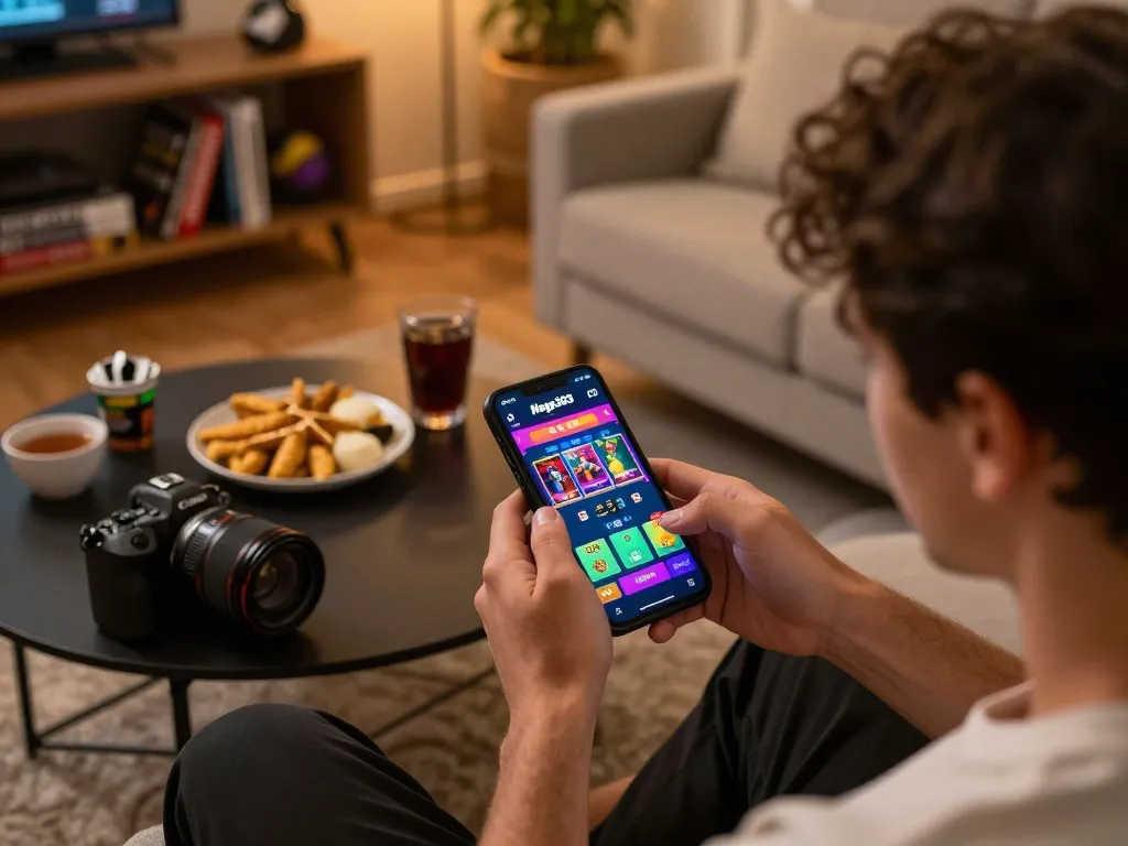Naga303 app showcasing live dealer games, creating a vibrant online gaming experience in a cozy home setting