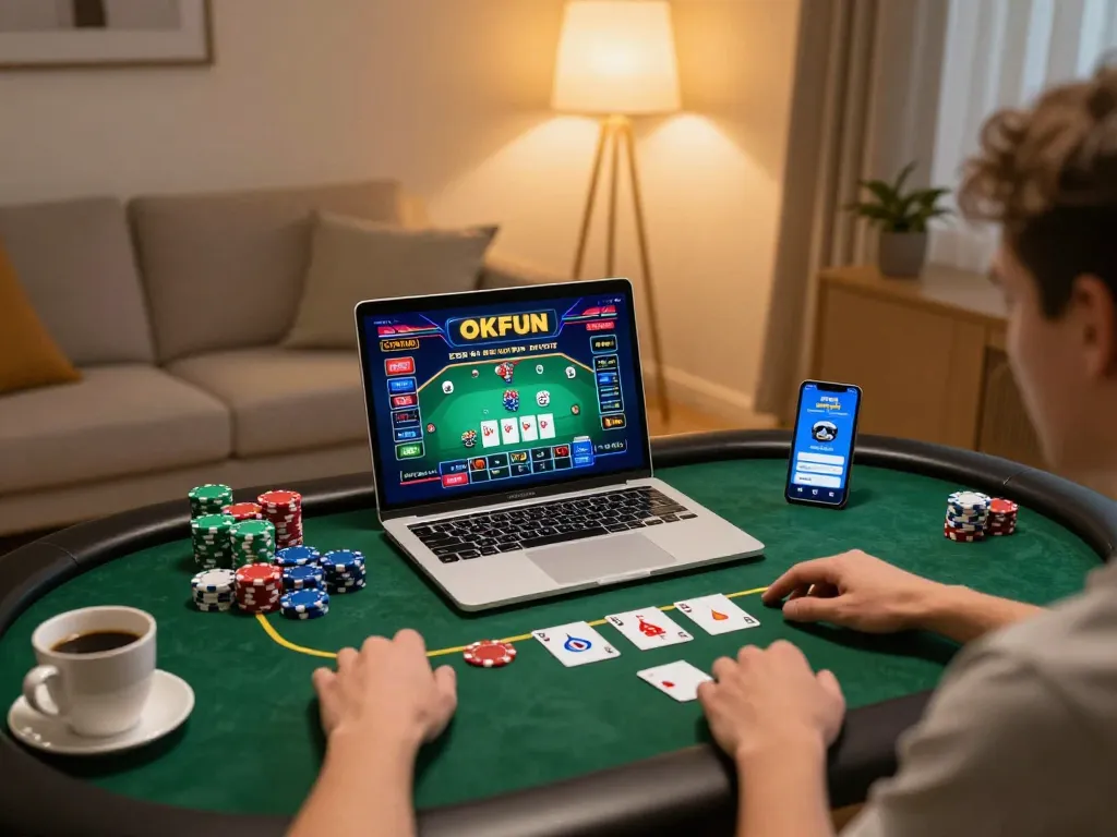 Engaging player enjoying an online poker game at OKFUN from a cozy setup.