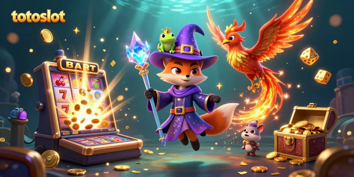 Engage in the thrilling world of totoslot with a mystical wizard and a phoenix amidst vibrant casino elements.