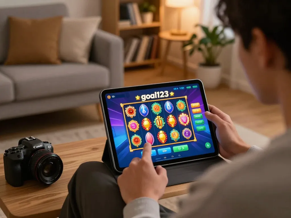 Engaging online gaming with app goal123 on tablet, showcasing vibrant slot game interface in cozy setting.