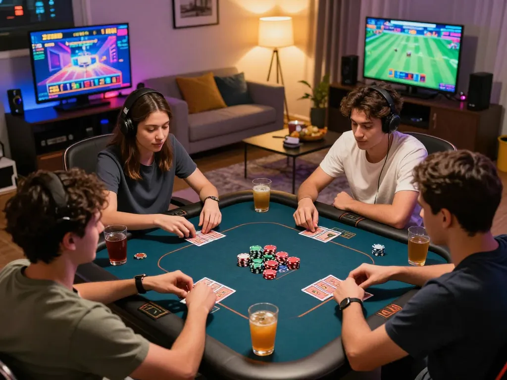 Engaging scene of friends playing card games at Nhà Cái Kuwin, highlighting vibrant online betting.