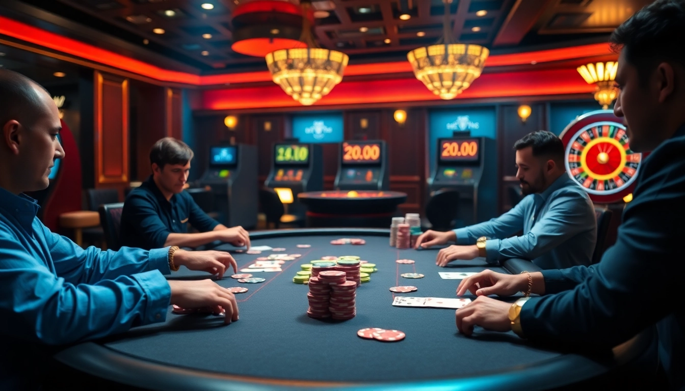 SODO Casino scene with players at a poker table, vibrant colors, and luxurious atmosphere.