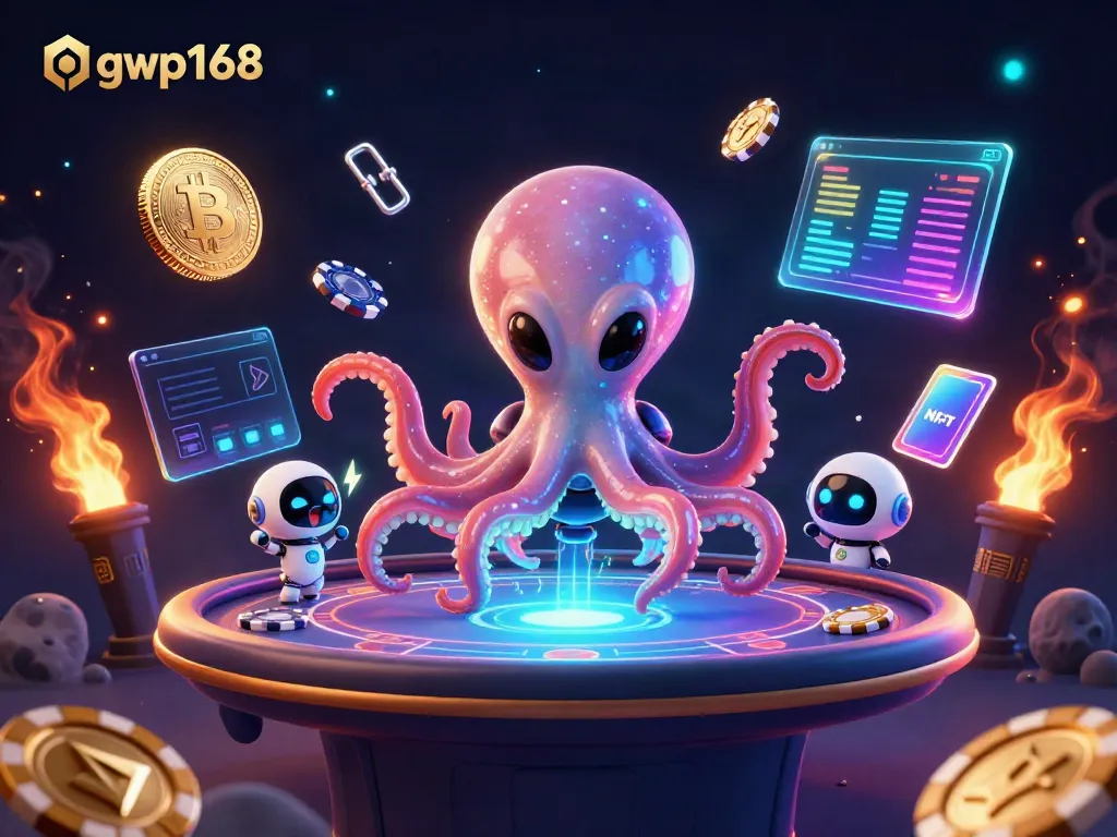GWP168 menampilkan alien oktopus yang beroperasi di meja poker holografik dengan robot pendamping, dikelilingi koin kripto dan chip poker