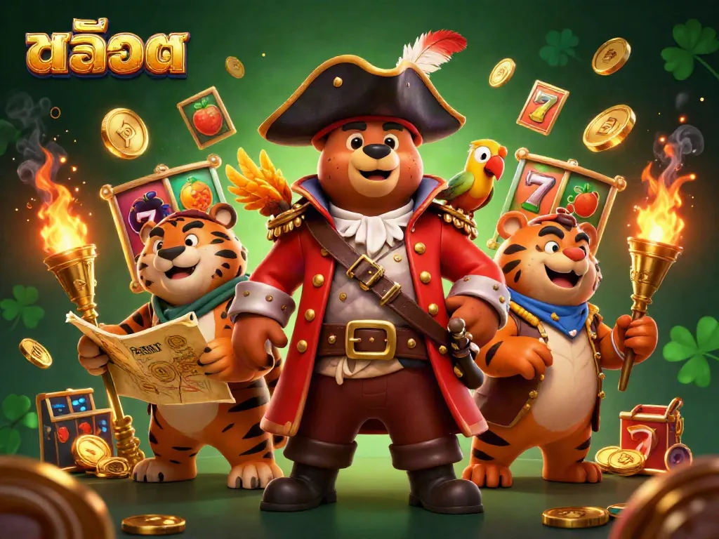 Experience the thrill of สล็อต with an adventurous pirate captain and his crew in a dynamic casino scene.