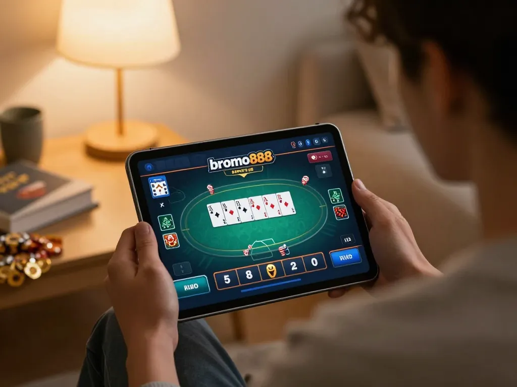 Bromo888 gaming session at home with person using tablet for online poker.
